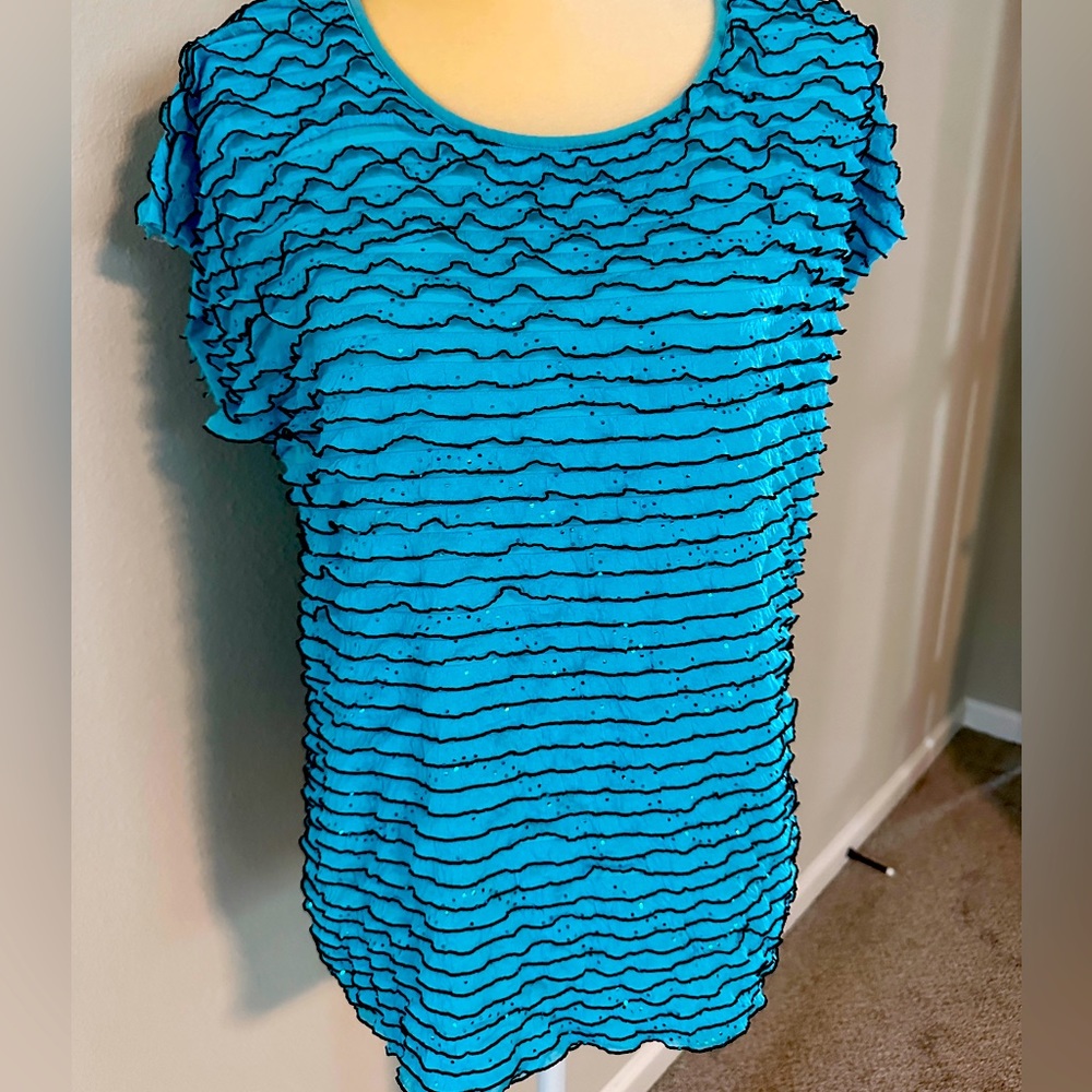 Perfect Notations Ruffle Studded Turquoise Short Sleeve Top Blouse Size Large